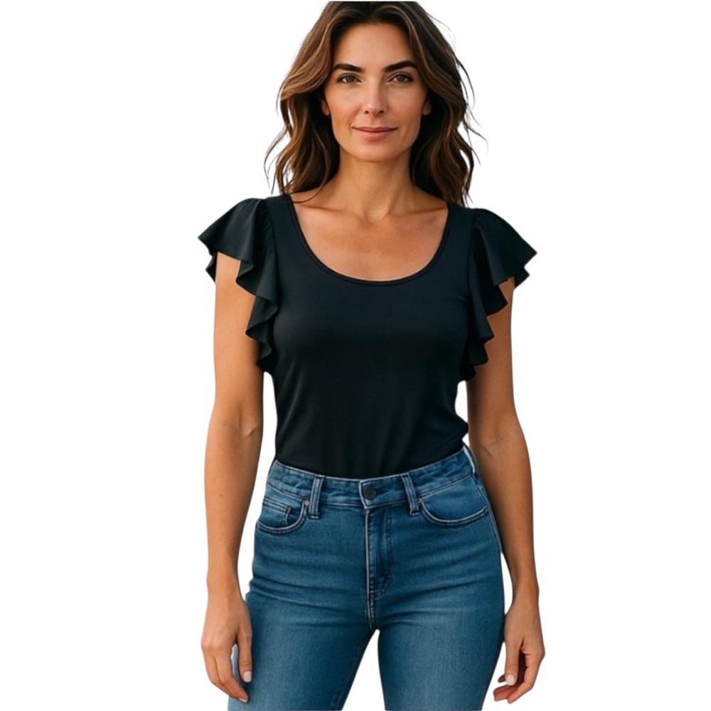 NWT. WDIRARA Elegant Black Ruffle Sleeve Bodysuit  Size XL
